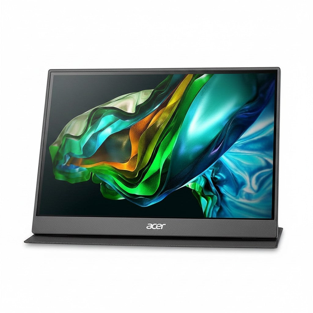 Gadgetdepop Acer 15.6-inch portable monitor with a slim black frame and vibrant abstract Full HD IPS display