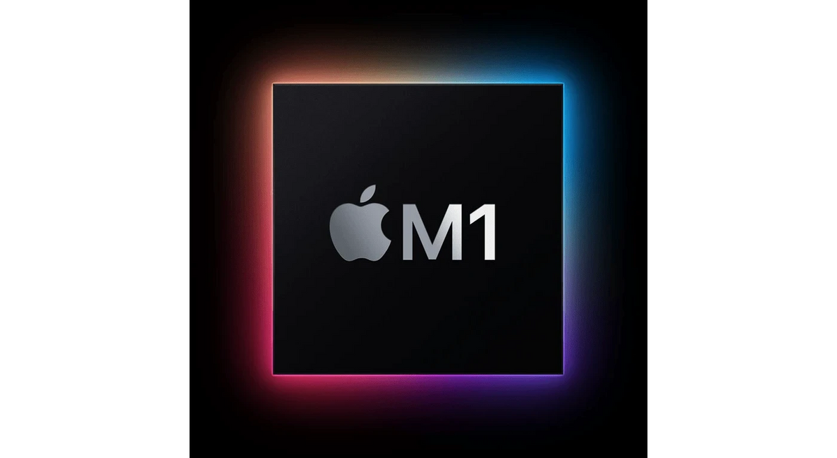 Gadgetdepop Apple M1 chip logo with a glowing neon border on a black background