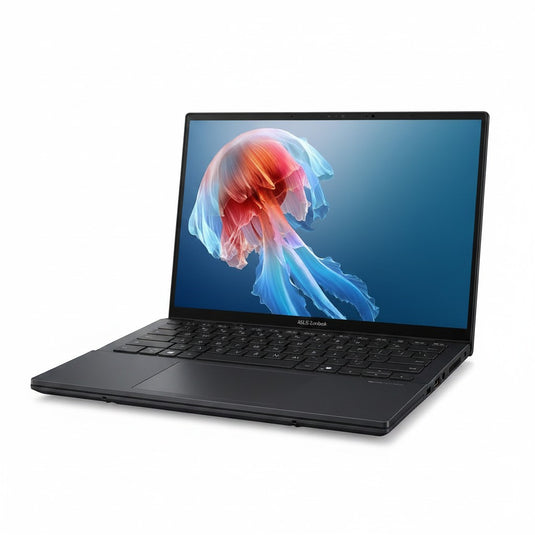 Gadgetdepop ASUS Zenbook Duo UX8406MA black dual-screen OLED laptop with a vibrant jellyfish wallpaper