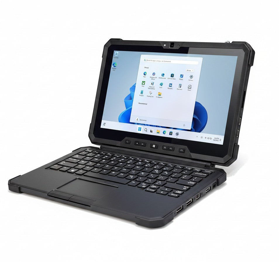 Gadgetdepop Dell Latitude 7220 Rugged Extreme tablet with keyboard attachment, black durable design, Windows 11 screen