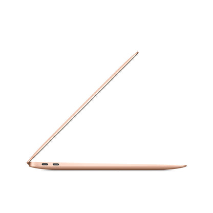 Gadgetdepop gold MacBook Air M1 2020 laptop shown from the side profile displaying its slim, lightweight design.