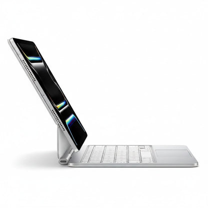 Gadgetdepop white Magic Keyboard for iPad with integrated trackpad and adjustable viewing angle, side profile view.