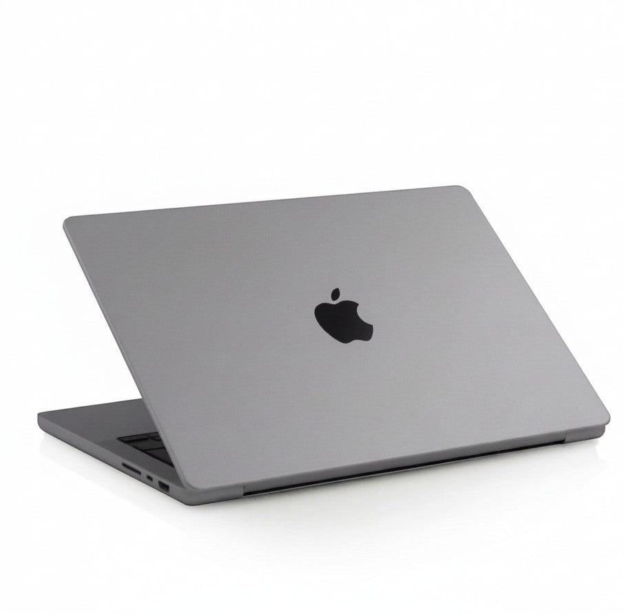 Gadgetdepop space gray 14-inch MacBook Pro M1 Pro laptop viewed from the closed lid angle