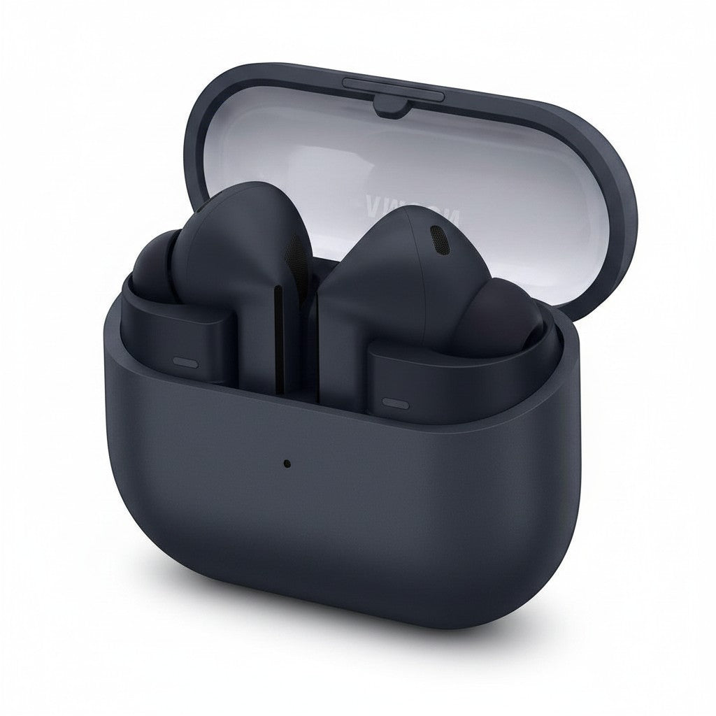 Gadgetdepop Samsung Galaxy Buds3 FE wireless earbuds in black inside their open compact charging case
